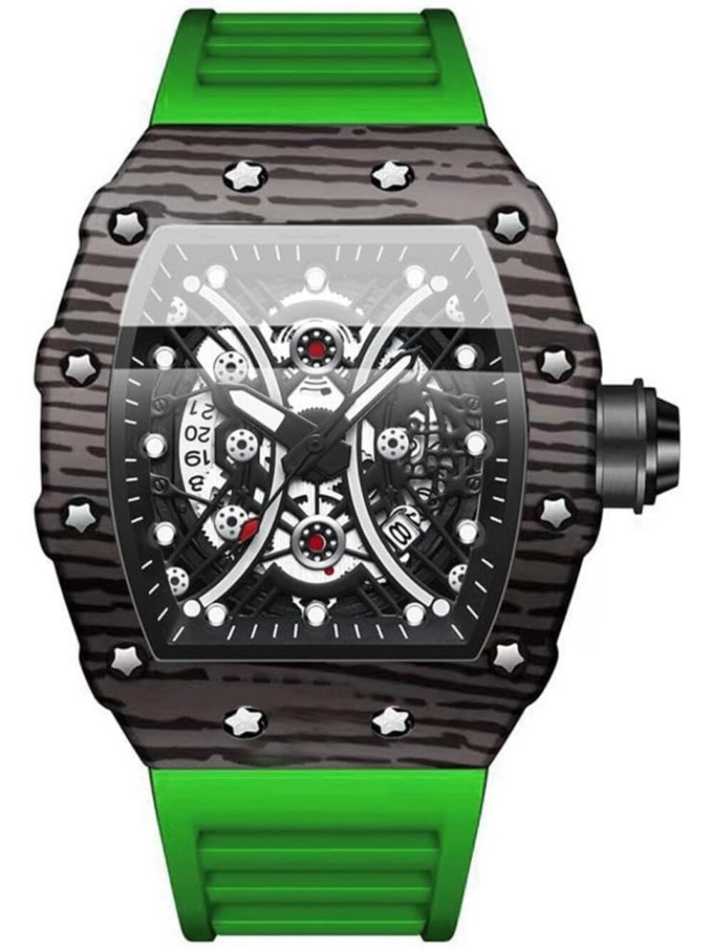 Men's Green And Black Analog Silicone Strap Barrel-Shaped Skeleton Luxury Watch